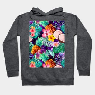 tropical pineapple exotic botanical illustration with floral tropical fruits, dark purple fruit pattern over a Hoodie